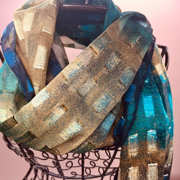 Vintage Modernist Geometric Scarf — Blue, Green & Gold Pattern - Picture 7 of 16